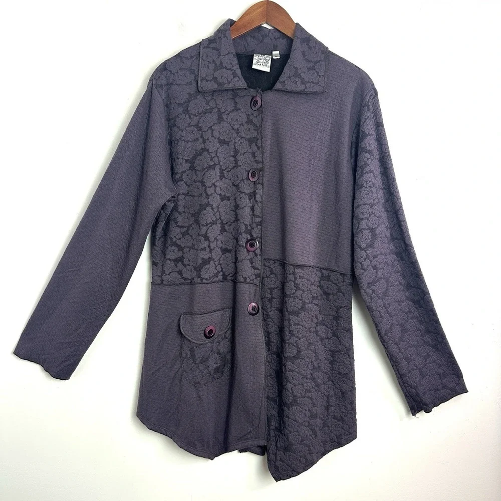 Parsley & Sage Women Large Button Up Tunic Jacket Purple Stretch‎ Floral Artsy